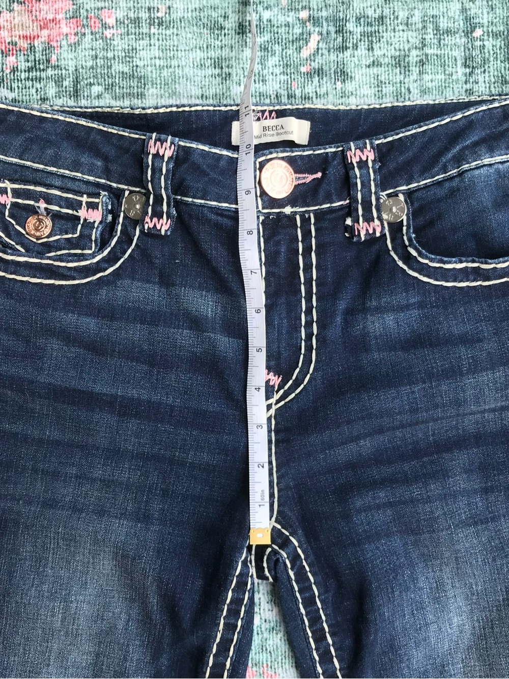 True Religion Women's Dark Blue Boot Cut Jeans with Pink Accent Stitching - Picture 11 of 11